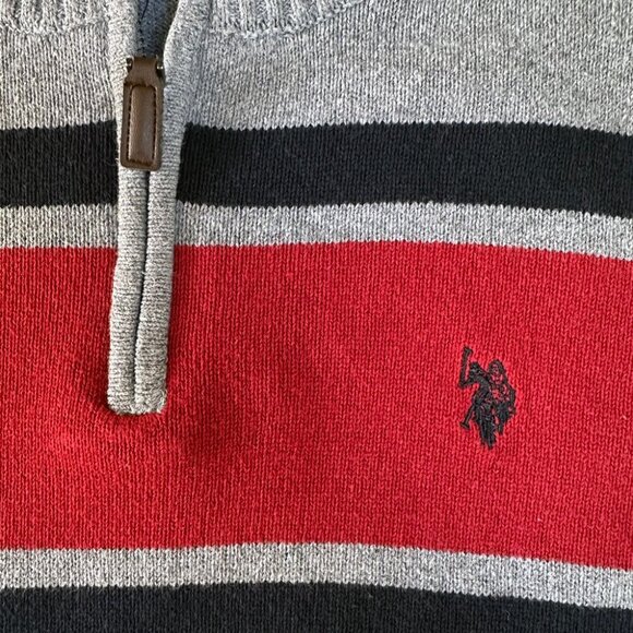Men's Quarter Zip Sweater XL Gray Red Chest Stripe Preppy Classic Sporty Office - Picture 3 of 8